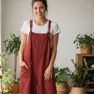 Boho Rust Red 100% Cotton Wide Leg Overalls Jumpsuit Pockets Pinafore Medium